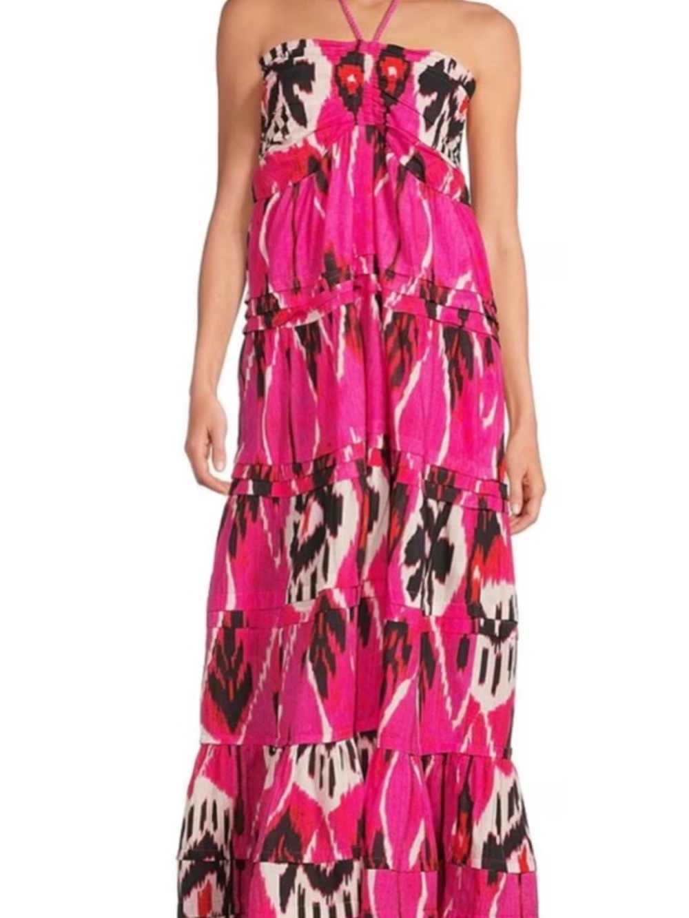 Hot Pink Halter Tiered Strapless Maxi Dress